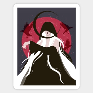 Gothic art, Halloween, Spooky decor, Crow, Woman with long white hair, Witch art, Dark art, Moon art Sticker